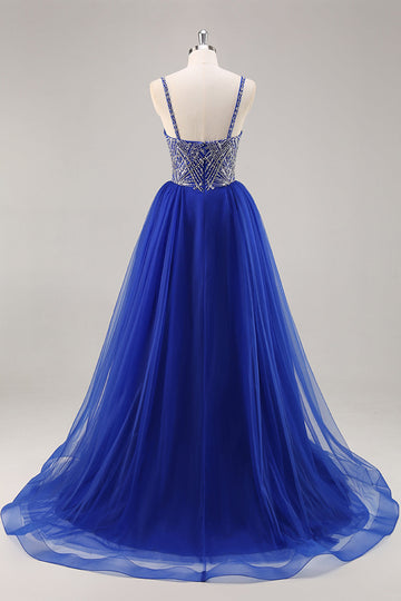 Royal Blue A Line Long Prom Dress with Beadings